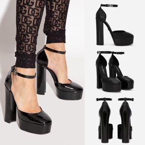 Dolce & Gabbana Black Polished Calfskin Leather Logo Ankle Strap Platform